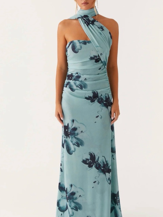 Peppermayo Dresses & Skirts - Songbird Asymmetric Halter Floral Maxi Dress in Light Blue - Pepper Mayo